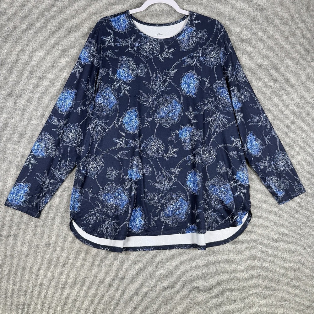 J. Jill Fit Size-XL Womens Performance Long-Sleeve Tee Blue Floral